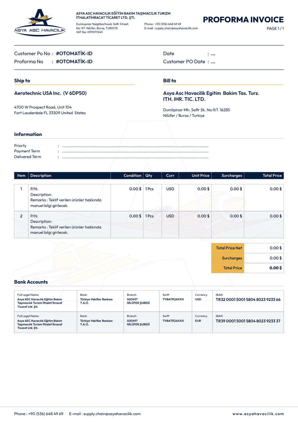 Proforma — Asya Havacılık