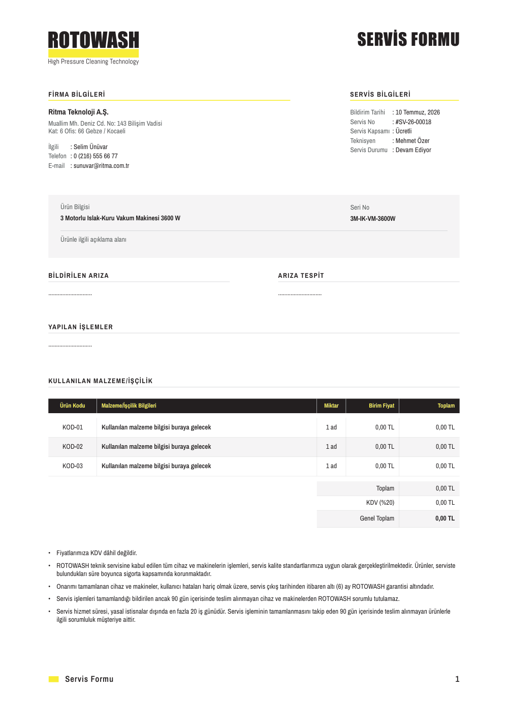 Servis Formu — Rotowash
