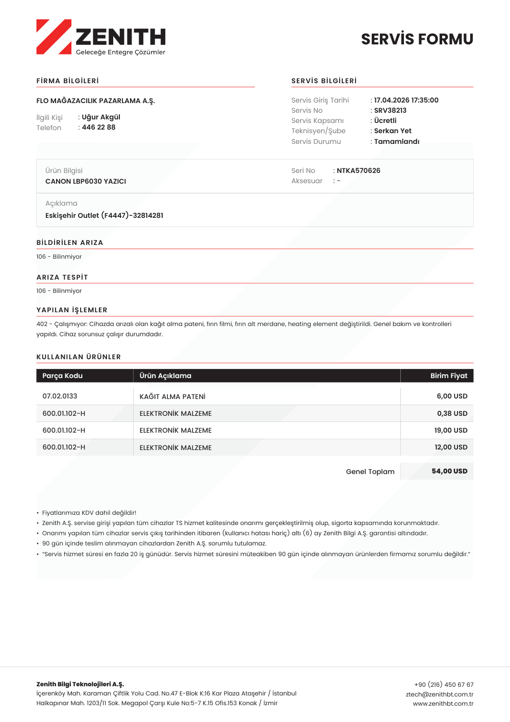 Servis Formu — Zenith1