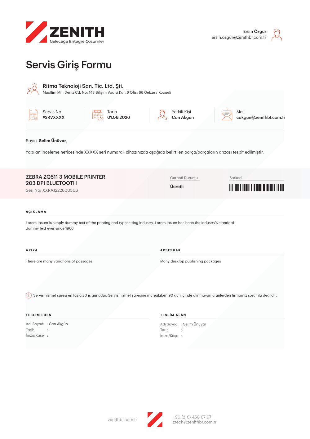 Servis Formu — Zenith2